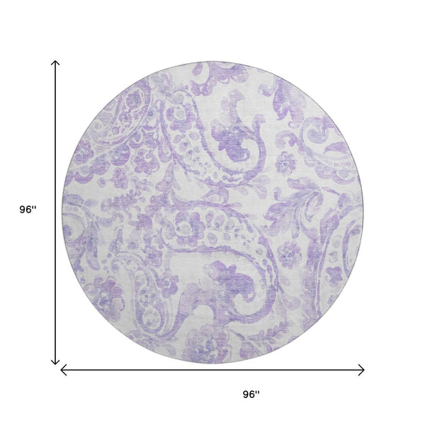 HomeRoots 8' Lavender and Ivory Paisley Washable Round Rug - Stain Resistant, UV Protected, Elegant Design! 666995