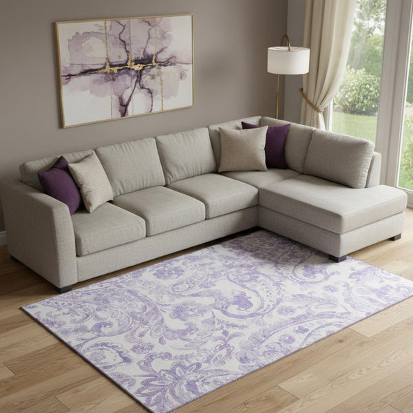 HomeRoots 10' X 14' Elegant Lavender & Ivory Paisley Area Rug - Washable, UV-Protected & Family-Friendly Design 666998