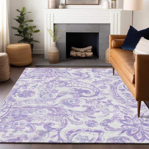 HomeRoots 10' X 14' Elegant Lavender & Ivory Paisley Area Rug - Washable, UV-Protected & Family-Friendly Design 666998
