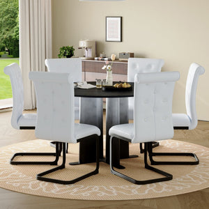 English Elm Modern Round Pedestal Dining Set Six Tufted Pvc Chairs Black White Kitchen W3875S00077