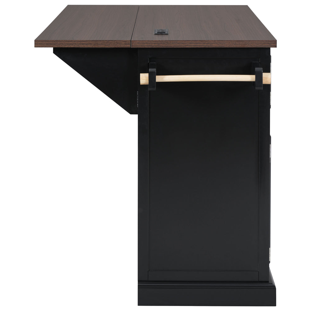 English Elm K&K 54.9" Farmhouse Kitchen Island Cart with Drop Leaf, Charging Station, Barn Doors & Glass Pane Black N707P300277B