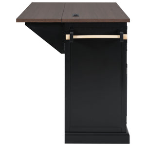 English Elm K&K 54.9" Farmhouse Kitchen Island Cart with Drop Leaf, Charging Station, Barn Doors & Glass Pane Black N707P300277B