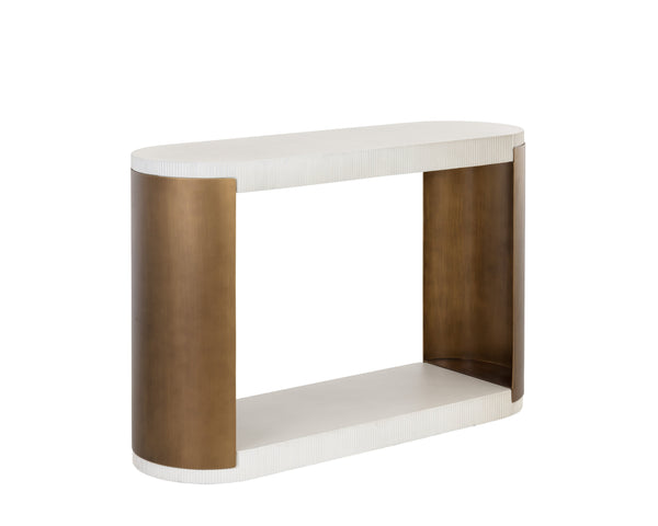 Sunpan Cavette Console Table – Opulent White Concrete with Antique Brass Frame for Indoor & Outdoor Elegance