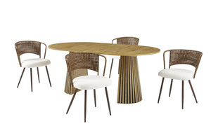 English Elm Solid Wood Extendable Dining Set with Woven Rattan Chairs Bohemian Organic Style Dark Brown,Natural W3590S00014