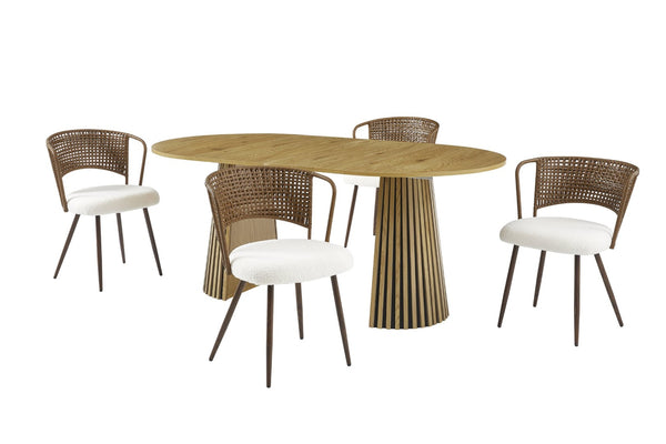 English Elm Solid Wood Extendable Dining Set with Woven Rattan Chairs Bohemian Organic Style Dark Brown,Natural W3590S00014