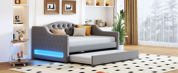 English Elm Upholstered Full XL Daybed with LED Belt and Trundle, Linen Backrest, Modern Silhouette, 450lb Capacity Gray DL002059AAE