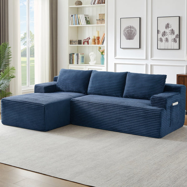 English Elm L-Shaped Cloud Sectional Sofa - Luxurious Blue Corduroy, No Assembly, Compact Comfort For Modern Living W2339P409426