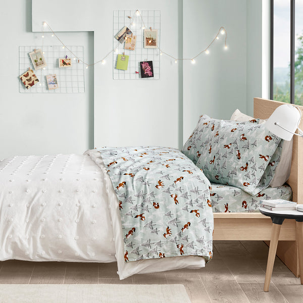 JLA Home Intelligent Design - 100% Cotton Flannel Sheet Set – Ultra-Soft 135gsm Pigment Print for Warmth, Breathable Comfort & Lasting Color Seafoam Foxes ID20-1548