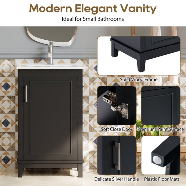 English Elm 20 Inch Modern Small Bathroom Vanity Cabinet With Ceramic Basin, Space-Saving Storage & Soft-Close Door Black N729P170386B