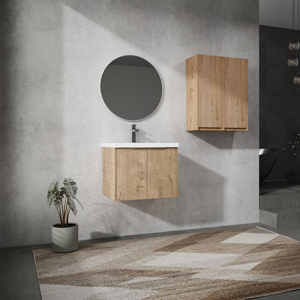 English Elm 24" Wall-Mounted Bathroom Vanity Set With Soft Close Doors, Resin Sink & Side Cabinets For Storage W999S00221