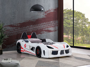 English Elm Modern Race Car Twin Bed With Led Lights, Magnetic Doors, Upholstered Comfort & Built-In Audio B2741S00505