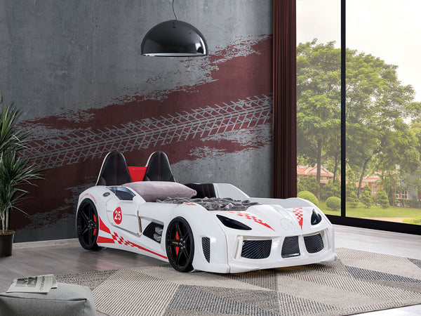 English Elm Modern Race Car Twin Bed With Led Lights, Magnetic Doors, Upholstered Comfort & Built-In Audio B2741S00505