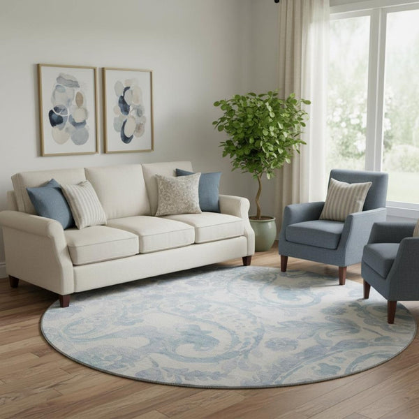 HomeRoots 8' Sky Blue & Ivory Paisley Washable Round Rug – Durable, UV-Protected, Family-Friendly & Stylish! 667009