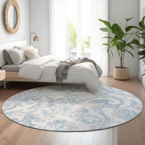 HomeRoots 8' Sky Blue & Ivory Paisley Washable Round Rug – Durable, UV-Protected, Family-Friendly & Stylish! 667009