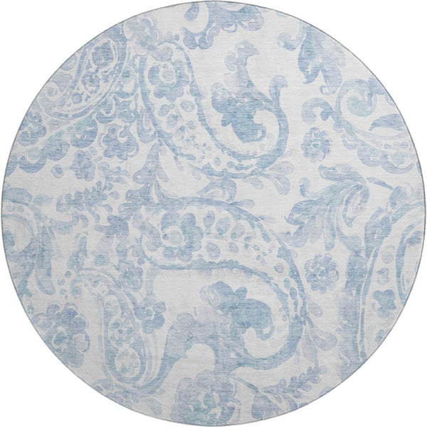 HomeRoots 8' Sky Blue & Ivory Paisley Washable Round Rug – Durable, UV-Protected, Family-Friendly & Stylish! 667009