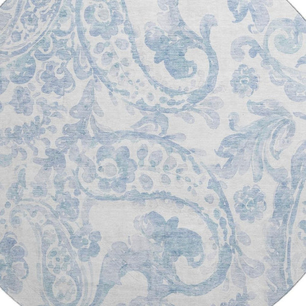 HomeRoots 8' Sky Blue & Ivory Paisley Washable Round Rug – Durable, UV-Protected, Family-Friendly & Stylish! 667009