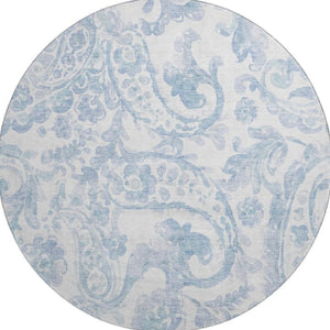 HomeRoots 8' Sky Blue & Ivory Paisley Washable Round Rug – Durable, UV-Protected, Family-Friendly & Stylish! 667009