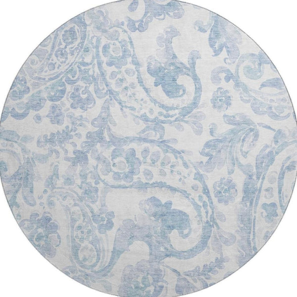 HomeRoots 8' Sky Blue & Ivory Paisley Washable Round Rug – Durable, UV-Protected, Family-Friendly & Stylish! 667009