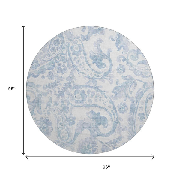HomeRoots 8' Sky Blue & Ivory Paisley Washable Round Rug – Durable, UV-Protected, Family-Friendly & Stylish! 667009