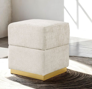 English Elm Beige Chenille Storage Stool Cube Design with Gold-Plated Stainless Base, Contemporary 15x15x19" Stylish B2741P388383