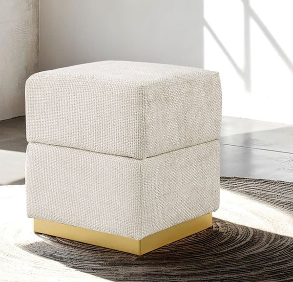English Elm Beige Chenille Storage Stool Cube Design with Gold-Plated Stainless Base, Contemporary 15x15x19" Stylish B2741P388383