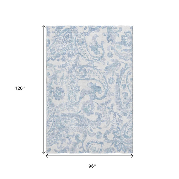 HomeRoots 8' X 10' Sky Blue & Ivory Paisley Area Rug - Washable, UV-Protected, Durable, Ideal for Busy Homes 667010