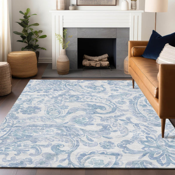 HomeRoots 8' X 10' Sky Blue & Ivory Paisley Area Rug - Washable, UV-Protected, Durable, Ideal for Busy Homes 667010