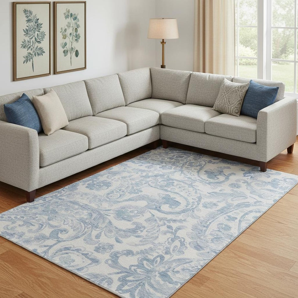 HomeRoots 9' X 12' Sky Blue Paisley Washable Area Rug - Durable, UV-Protected, Easy-Clean for Homes with Kids & Pets 667011