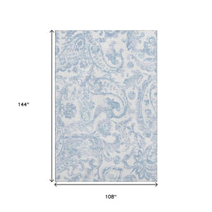 HomeRoots 9' X 12' Sky Blue Paisley Washable Area Rug - Durable, UV-Protected, Easy-Clean for Homes with Kids & Pets 667011