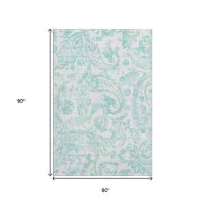 HomeRoots 5' X 8' Turquoise & Ivory Paisley Area Rug - Stylish, Durable, Stain-Resistant, UV-Protected Floor Covering 667014