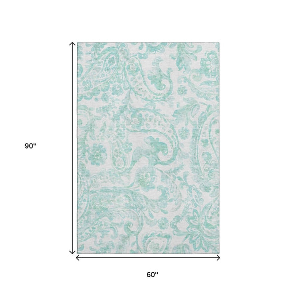 HomeRoots 5' X 8' Turquoise & Ivory Paisley Area Rug - Stylish, Durable, Stain-Resistant, UV-Protected Floor Covering 667014