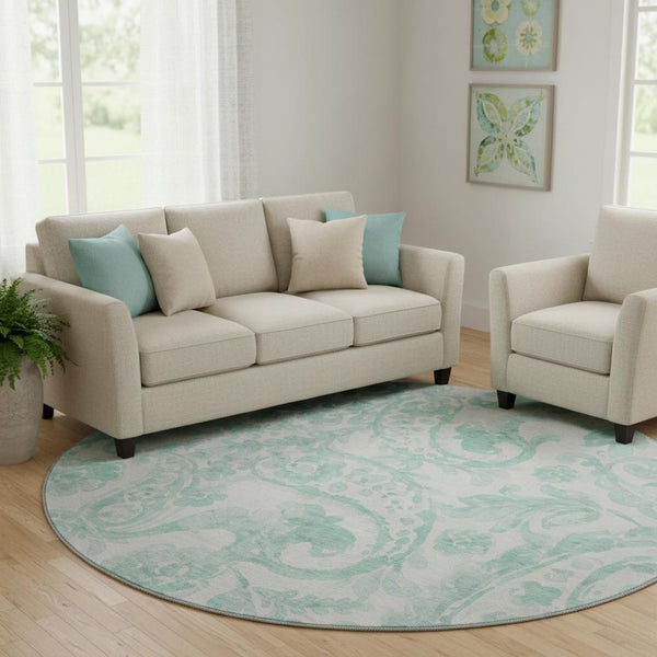 HomeRoots 8' Turquoise and Ivory Paisley Round Rug - Durable, Washable, UV-Protected for Indoor & Outdoor Use 667015