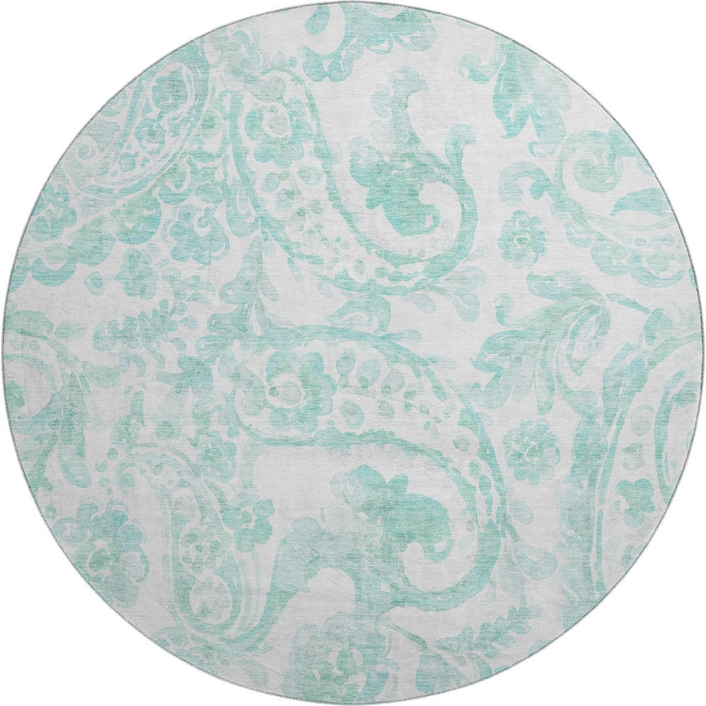 HomeRoots 8' Turquoise and Ivory Paisley Round Rug - Durable, Washable, UV-Protected for Indoor & Outdoor Use 667015