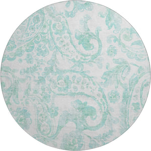 HomeRoots 8' Turquoise and Ivory Paisley Round Rug - Durable, Washable, UV-Protected for Indoor & Outdoor Use 667015