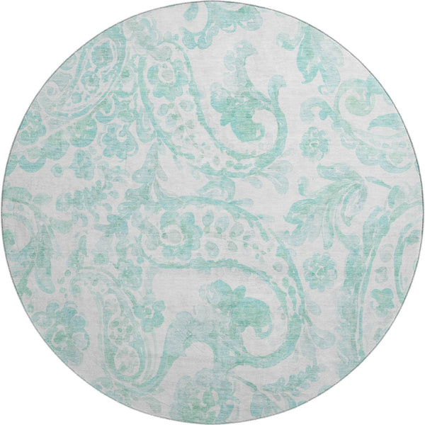 HomeRoots 8' Turquoise and Ivory Paisley Round Rug - Durable, Washable, UV-Protected for Indoor & Outdoor Use 667015