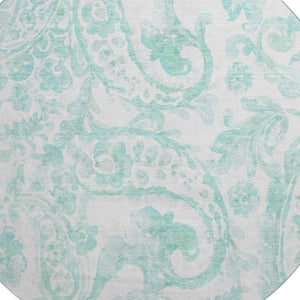 HomeRoots 8' Turquoise and Ivory Paisley Round Rug - Durable, Washable, UV-Protected for Indoor & Outdoor Use 667015