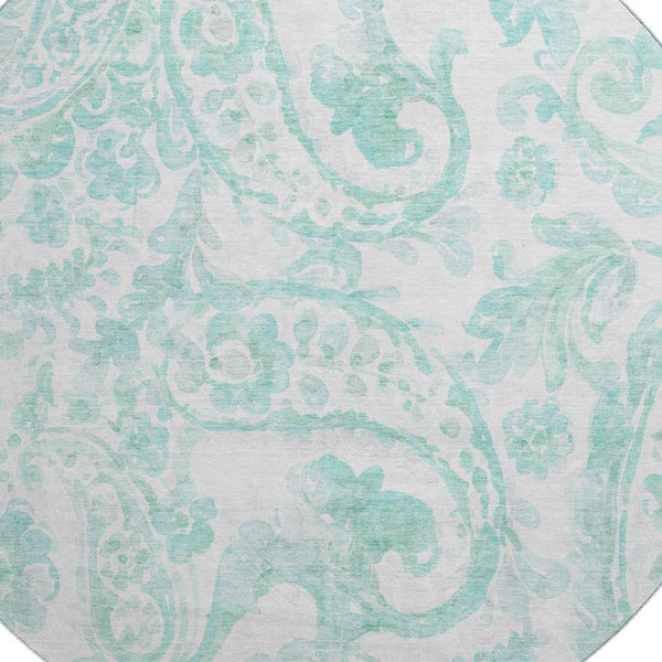 HomeRoots 8' Turquoise and Ivory Paisley Round Rug - Durable, Washable, UV-Protected for Indoor & Outdoor Use 667015