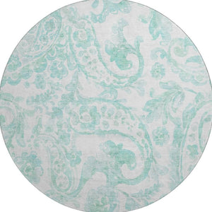 HomeRoots 8' Turquoise and Ivory Paisley Round Rug - Durable, Washable, UV-Protected for Indoor & Outdoor Use 667015