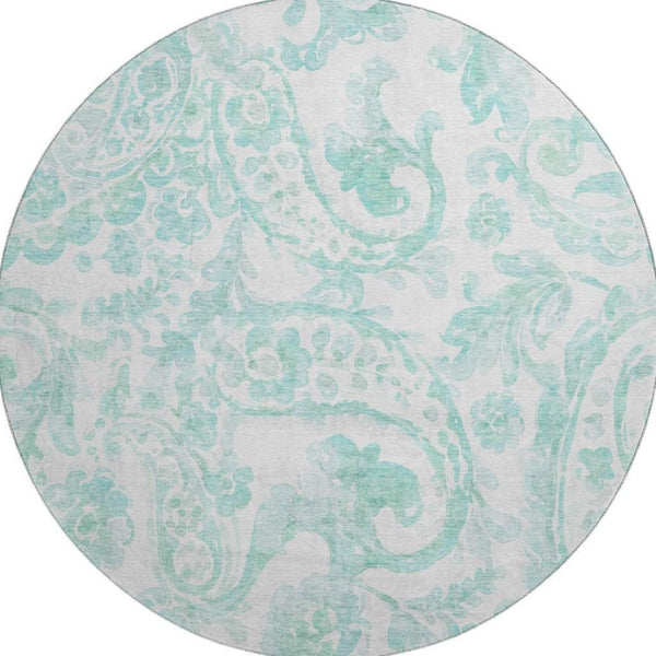 HomeRoots 8' Turquoise and Ivory Paisley Round Rug - Durable, Washable, UV-Protected for Indoor & Outdoor Use 667015
