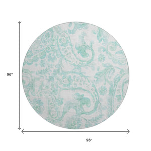 HomeRoots 8' Turquoise and Ivory Paisley Round Rug - Durable, Washable, UV-Protected for Indoor & Outdoor Use 667015