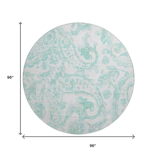 HomeRoots 8' Turquoise and Ivory Paisley Round Rug - Durable, Washable, UV-Protected for Indoor & Outdoor Use 667015