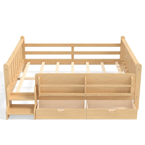 English Elm Queen Bunk Bed with Trundle Solid Pine Kids Car Themed Frame Built-in Bookshelf Light Natural W1580S00544