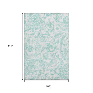 HomeRoots 9' X 12' Turquoise and Ivory Paisley Area Rug - Durable, Washable, UV-Protected for Stylish Living Spaces 667017