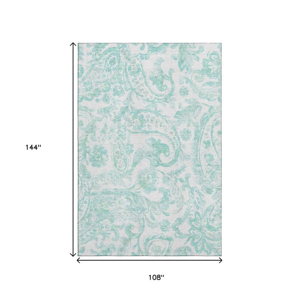 HomeRoots 9' X 12' Turquoise and Ivory Paisley Area Rug - Durable, Washable, UV-Protected for Stylish Living Spaces 667017