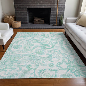 HomeRoots 10' X 14' Turquoise and Ivory Paisley Area Rug - Washable, UV-Protected, Stylish for High-Traffic Spaces 667018