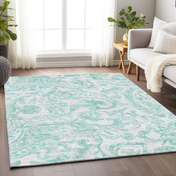 HomeRoots 10' X 14' Turquoise and Ivory Paisley Area Rug - Washable, UV-Protected, Stylish for High-Traffic Spaces 667018