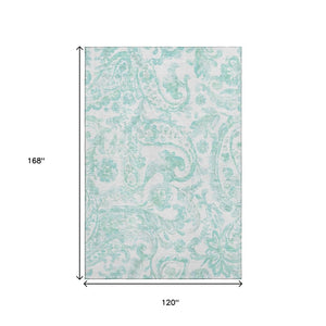 HomeRoots 10' X 14' Turquoise and Ivory Paisley Area Rug - Washable, UV-Protected, Stylish for High-Traffic Spaces 667018