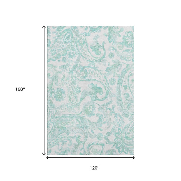 HomeRoots 10' X 14' Turquoise and Ivory Paisley Area Rug - Washable, UV-Protected, Stylish for High-Traffic Spaces 667018