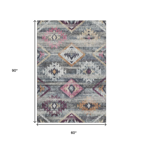 HomeRoots 5' X 8' Gray Gold Blush Southwestern Area Rug - Washable, UV-Protected, Perfect for Busy Homes 667026