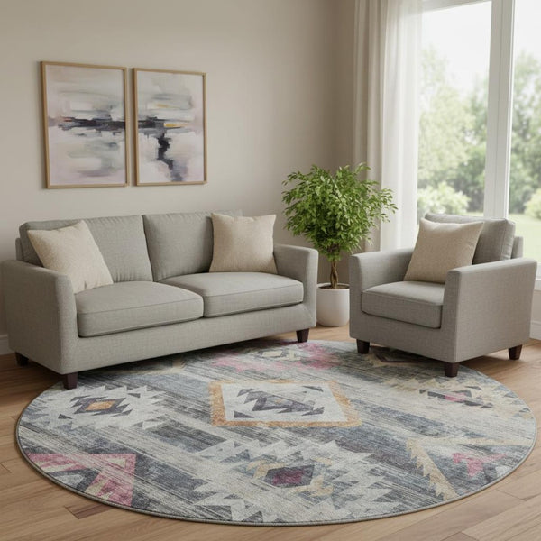 HomeRoots 8' Modern Southwestern Washable Round Rug in Gray, Gold & Blush with UV Protection for Homes 667027